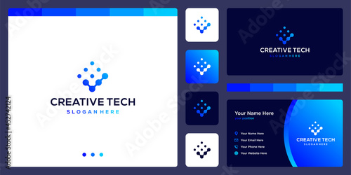 Inspired check mark logo shape with tech style and gradient color. icons for business, internet and technology. Business card design template.