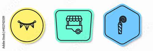 Set line Carnival garland with flags, Fast street food cart and Birthday party horn. Colored shapes. Vector