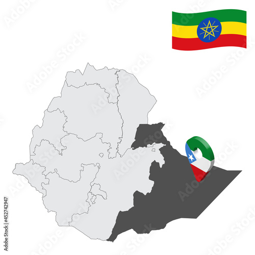 Location Somali Region on map Ethiopia. 3d location sign similar to the flag of  Somali. Quality map  with  provinces Ethiopia for your design. EPS10