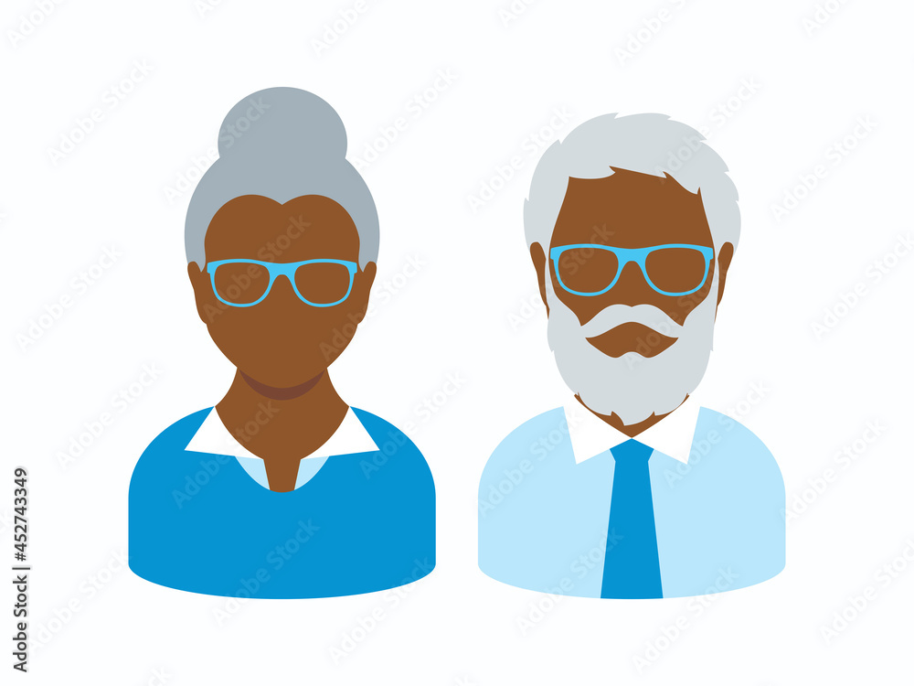 African american senior man and woman face avatar icon vector. Elderly senior couple vector. Older business people icon set isolated on a white background