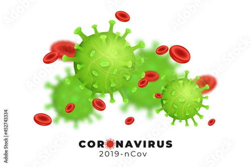Coronavirus 2019-nCoV with disease cells and blood cell. Pathogen organism. Covid-19 epidemic infectious disease. Cellular infection. 3D vector virus model. Vector illustration