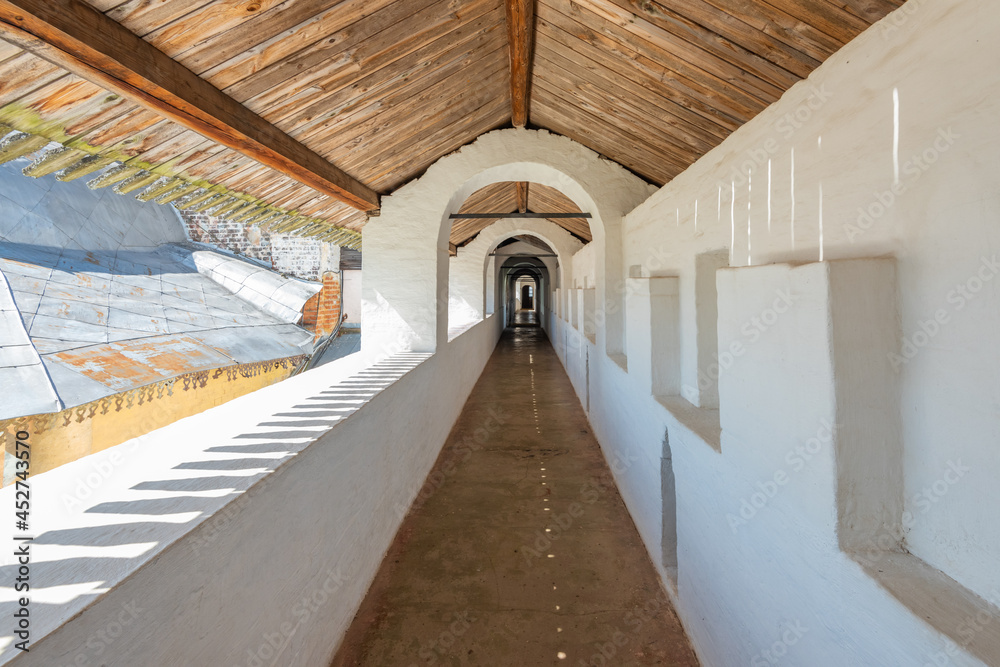 The protective wall of the Kremlin made of white stone in Rostov Veliky, Yaroslavl region, Russia