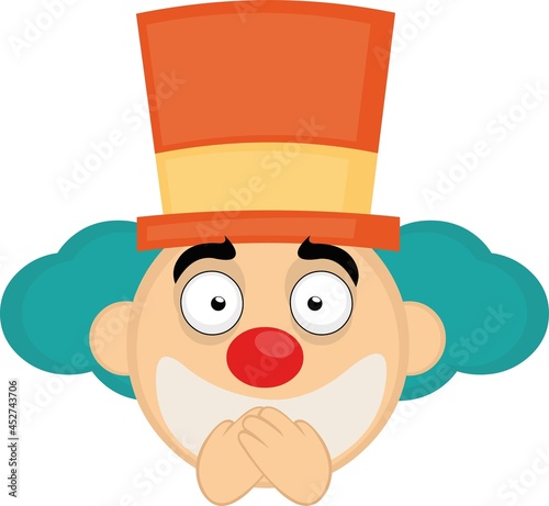 Vector illustration of emoticon of the face of a cartoon clown covering his mouth with his hands