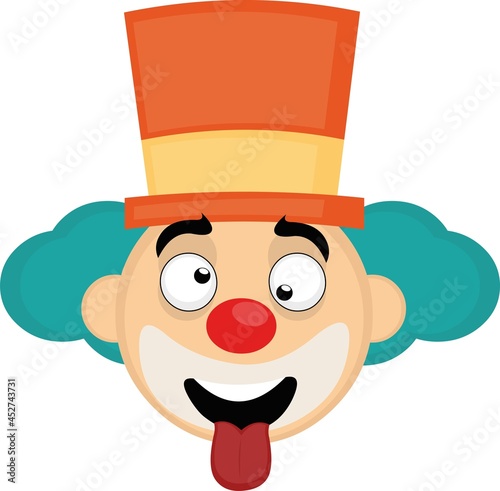 Vector emoticon illustration of a cartoon clown's face with a hat with a crazy expression