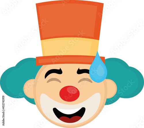 Vector emoticon illustration of the face of a cartoon clown with a hat with an expression of shame and a drop on his head