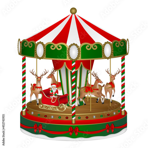 christmas carousel with reindeers and santa claus sleigh