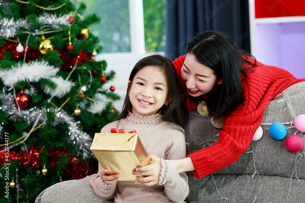 Daughter hugging her mother with holding a gift box on hand and smiling at camera at home, Standing in front of Christmas tree, Christmas celebration concept Daughter hugging her mother with holding a gift box on hand and smiling at camera at home, Standing in front of Christmas tree, Christmas celebration concept