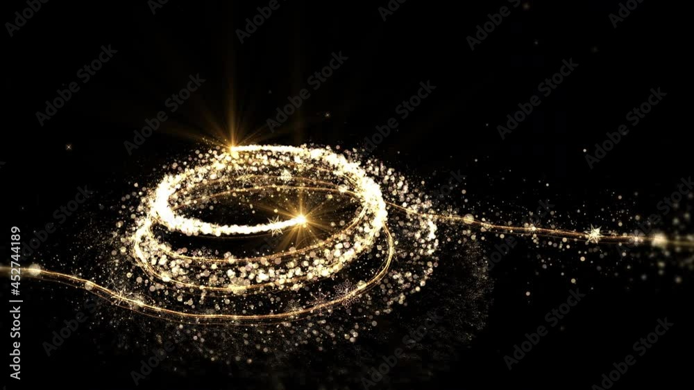 Glowing gold Christmas tree animation with particles lights stars and snowflakes on black. Holiday concept and background 4k