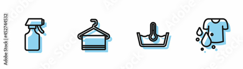 Set line Temperature wash, Water spray bottle, Towel on hanger and Dirty t-shirt icon. Vector