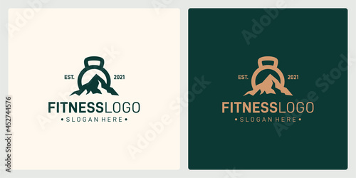 Creative barbell logo design template with peak mountain graphic design vector illustration.