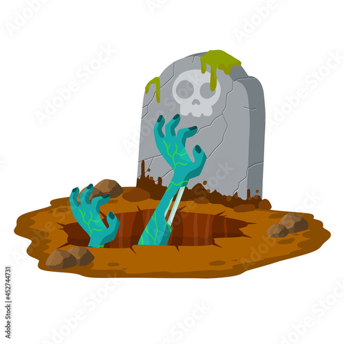 Grave. Hole in brown ground. Green hands of dead zombie