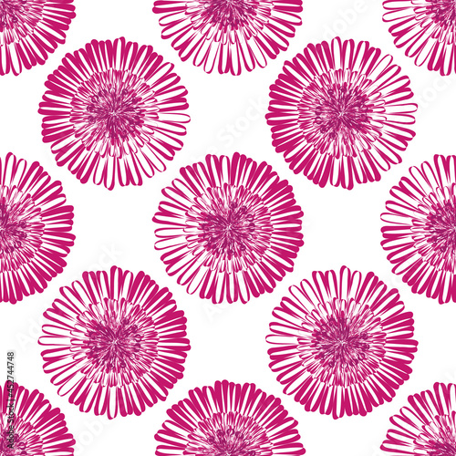 Modern abstract gerbera daisy flower seamless pattern background. Geometric repeat with magenta florals on white backdrop. Botanical lino print style design. Simple nature garden all over print