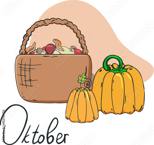 Fresh mushrooms in basket. Different orange pumpkins. Autumn composition. Ecology concept. Vector illustration