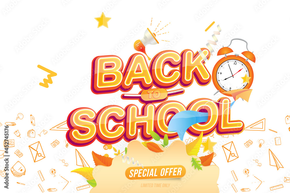 Back to School. Original Font inscription with alarm clock paper airplane on the background of drawn icons. Vector education concept. Back to School. Original Font inscription with alarm clock paper airplane on the background of drawn icons. Vector education concept.