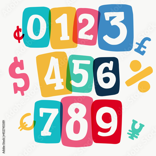 Numbers set typewriter-inspired with bold slab serif symbols in colorful frames.