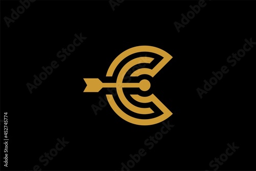 Archery logo design vector. Letter C and bow abstract symbol. Letter C outline logo design. Archery sport vector icon.