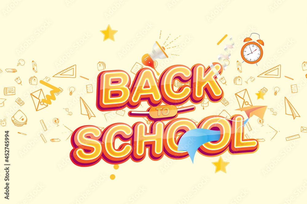 Back to School. Original Font inscription with alarm clock paper airplane on the background of drawn icons. Vector education concept.