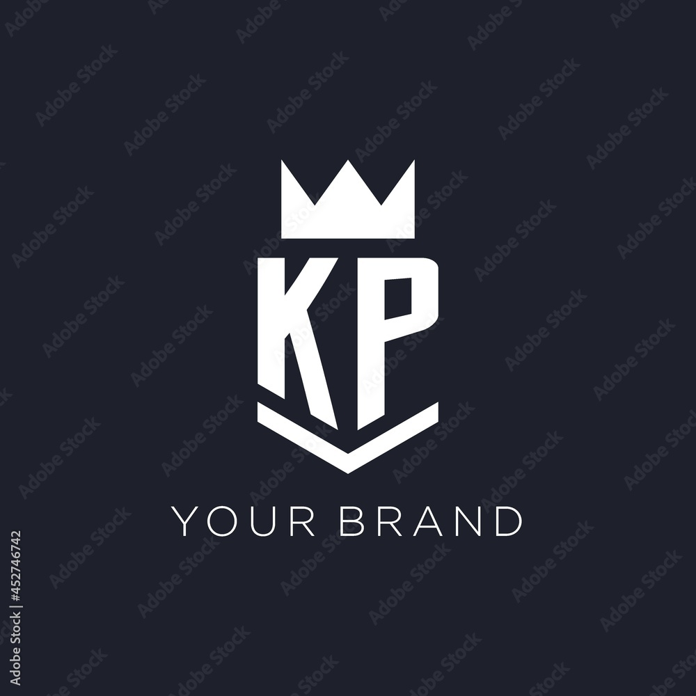 KP logo with shield and crown, initial monogram logo design Stock