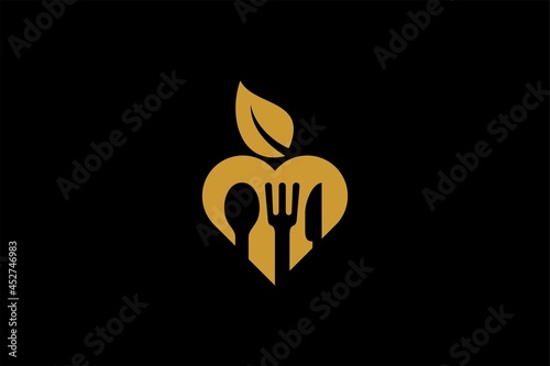 Kitchen logo design vector. Food business abstract symbol. Spoon, fork, knife illustration logo. Love and leaf vector icons. 