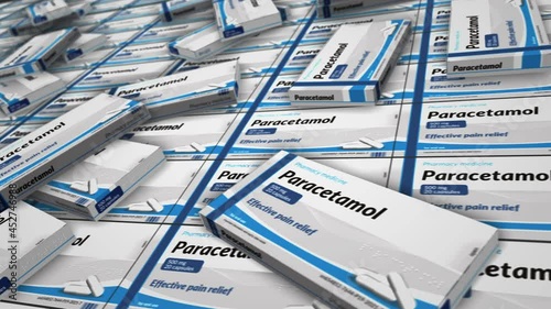 Paracetamol pain relief tablets box production line. Emergency painkiller, headache analgesic and help medical pills pack factory. Abstract concept 3d rendering loopable seamless animation.