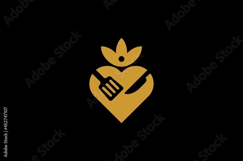 Kitchen logo design vector. Food business abstract symbol. Spoon, fork, knife illustration logo. Love and leaf vector icons. 