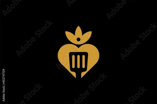 Kitchen logo design vector. Food business abstract symbol. Spoon, fork, knife illustration logo. Love and leaf vector icons. 