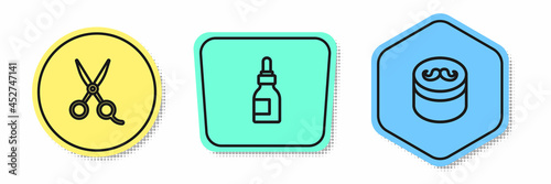 Set line Scissors hairdresser, Oil bottle and Gel wax for styling. Colored shapes. Vector