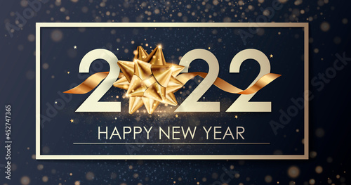 Happy New Year 2022 winter holiday greeting card design template. Party poster, banner or invitation gold glittering stars confetti glitter decoration. Vector background with golden gift bow