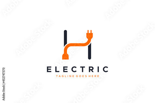 Electricity Logo Line. Simple Initial Letter H with Wire and Plug Icon Combination isolated on White Background. Flat Vector Logo Design Template Element.