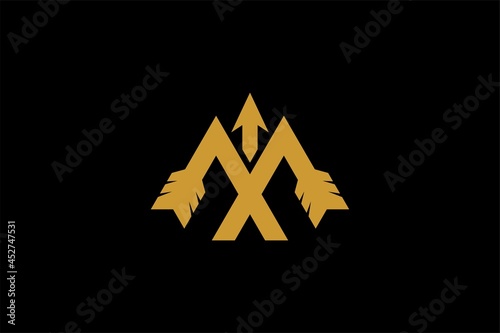 Archery logo design vector. Letter M and bow abstract symbol. Archery sport vector icon.