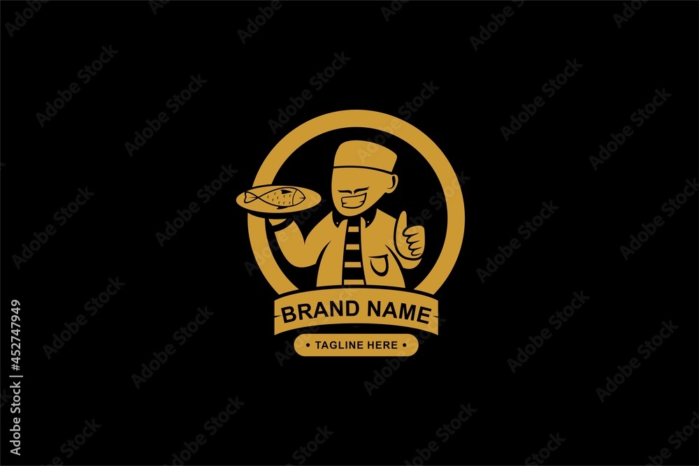 Food mascot logo design vector. Restaurant logo design. Smile man with the fried fish on the plate and thumb up illustration.
