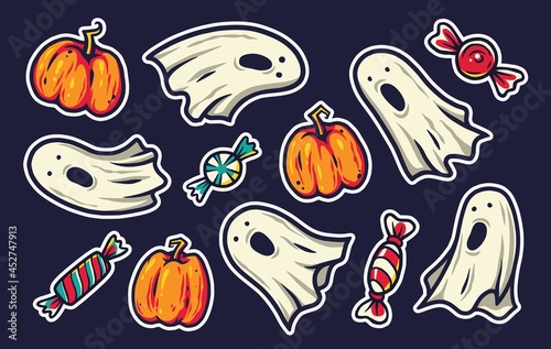 Halloween sticker with ghost, pumpkin and candy for children holiday. Horror spirit and sweet lollipop for design of halloween party