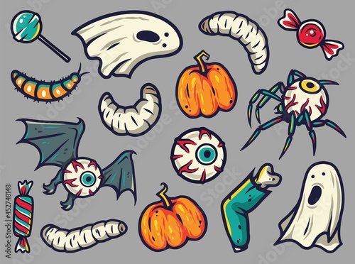 Halloween sticker set for children holiday. Horror stickers or elements for design of autumn halloween party