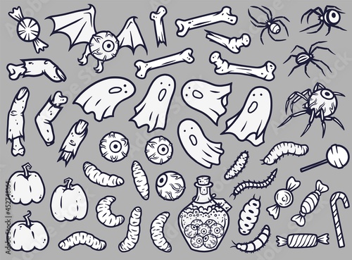 Halloween sticker set for children holiday. Horror stickers or elements for design of autumn halloween party