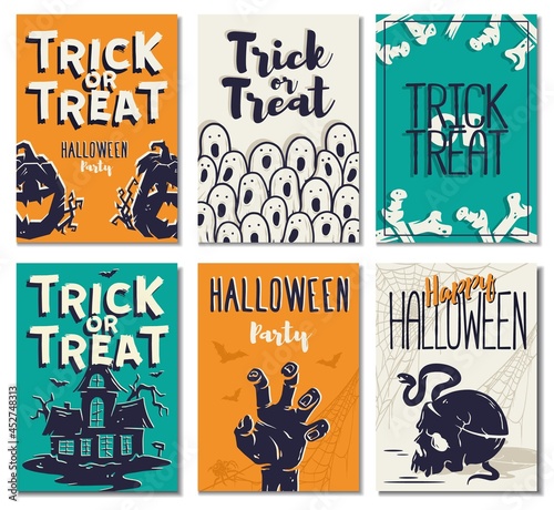 Halloween background of trick or treat for spooky mystery holiday. Fear postcard set with bone, pampkin, zombie hand and skull for happy halloween
