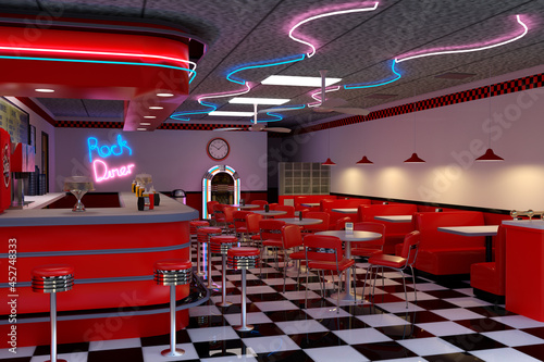 3D rendering of a vintage 1950s style American diner with red furniture and black and white checked floor. photo