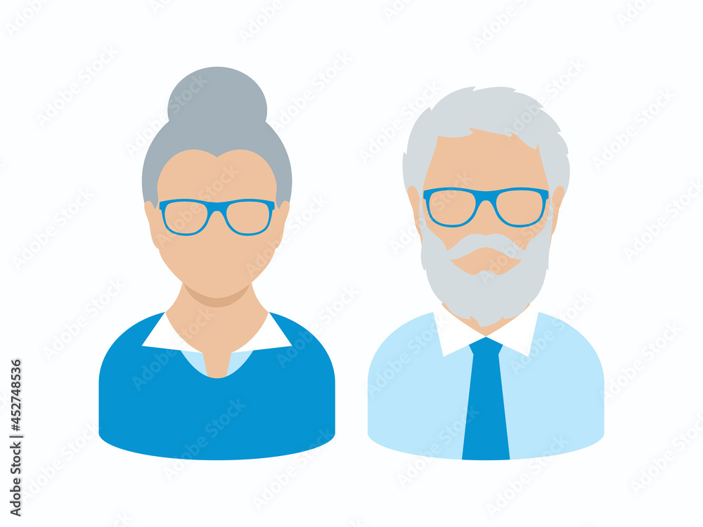 Senior man and woman face avatar icon vector. Elderly senior couple vector. Older business people icon set isolated on a white background