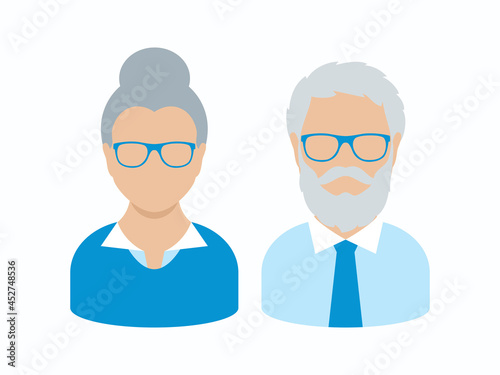 Senior man and woman face avatar icon vector. Elderly senior couple vector. Older business people icon set isolated on a white background