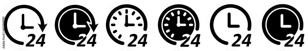 Set of 24 hours icons. 24/7 round-the-clock service. Clock icon, open 24 hours. 24/7 call center. Support symbols. Vector illustration.