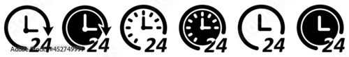 Set of 24 hours icons. 24/7 round-the-clock service. Clock icon, open 24 hours. 24/7 call center. Support symbols. Vector illustration.