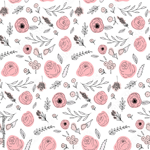 Floral vector seamless pattern with flowers and leaves. Beautiful hand drawn flowers in light pastel colors in vintage style.