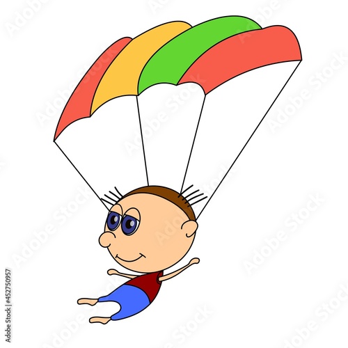 Funny boy flying with a parachute. Funny character in a flat style has a black outline. The man is a parachutist. Design isolated on white background. Vector.