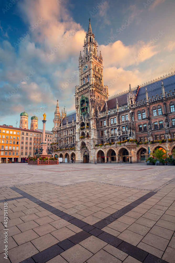 Munich, Germany. Cityscape image of Marien Square in Munich, Bavaria, Germany at summer sunrise.