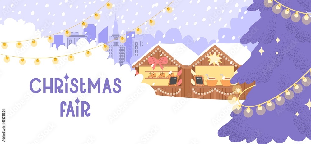 Concept of Christmas fair. Flat vector illustration with a big Christmas tree with gifts and a stalls in the background. New Year celebrations web banner or flyer.