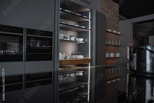Modern kitchen in black with LED lighting