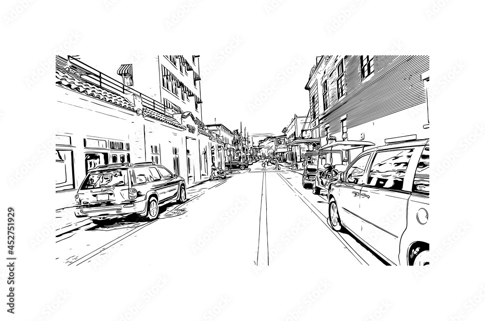 Building view with landmark of Key West is the 
city in Florida. Hand drawn sketch illustration in vector.