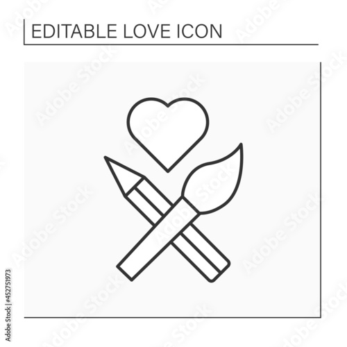 Painting line icon. Brush and pencil crossed, Heart sign. Romantic interpretation. Love concept. Isolated vector illustration. Editable stroke