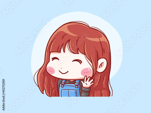 Cute and kawaii Girl Smile and Wave Hi Chibi Illustration