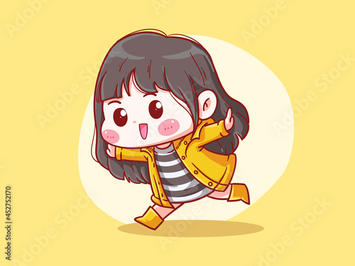 Cute and kawaii Happy Girl Wear Raincoat and Boots Manga Chibi Illustration