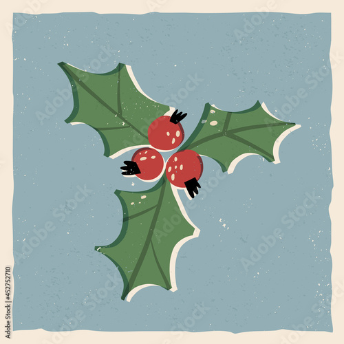 Retro Christmas greeting card design. Hand-drawn mistletoe or holly ilex leaves and berries on textured blue background.